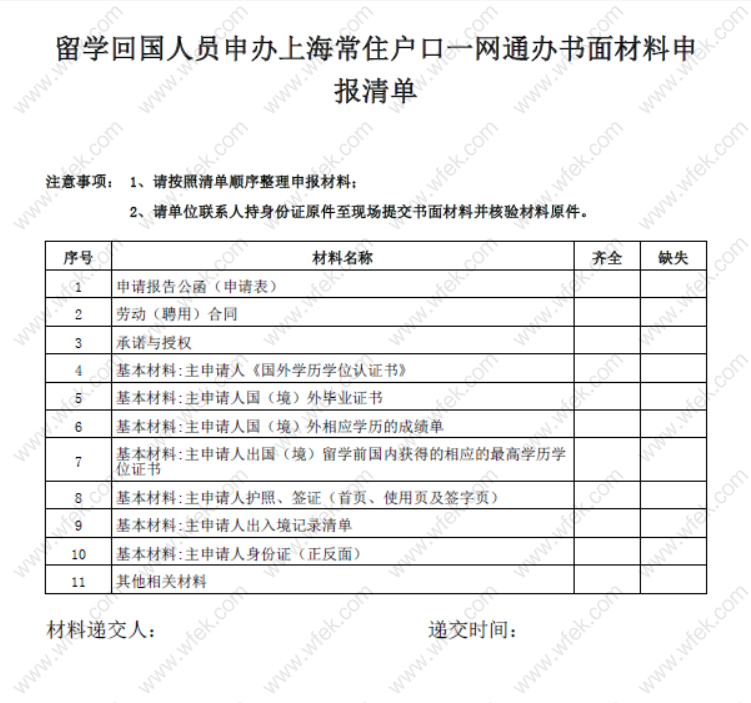 留学生落户上海材料